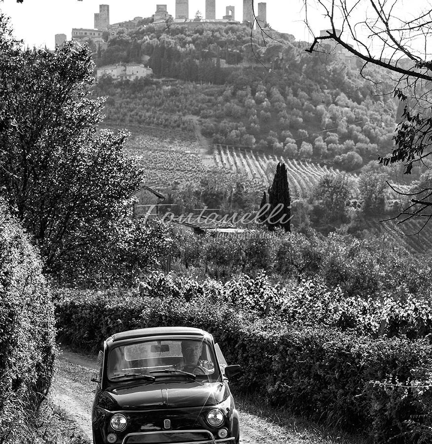 Campagna San Gimignano con Fiat 500 Toscana