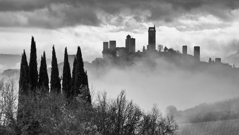Foto di San Gimignano tra le nebbie accanto a fila di cipressi, Toscana
