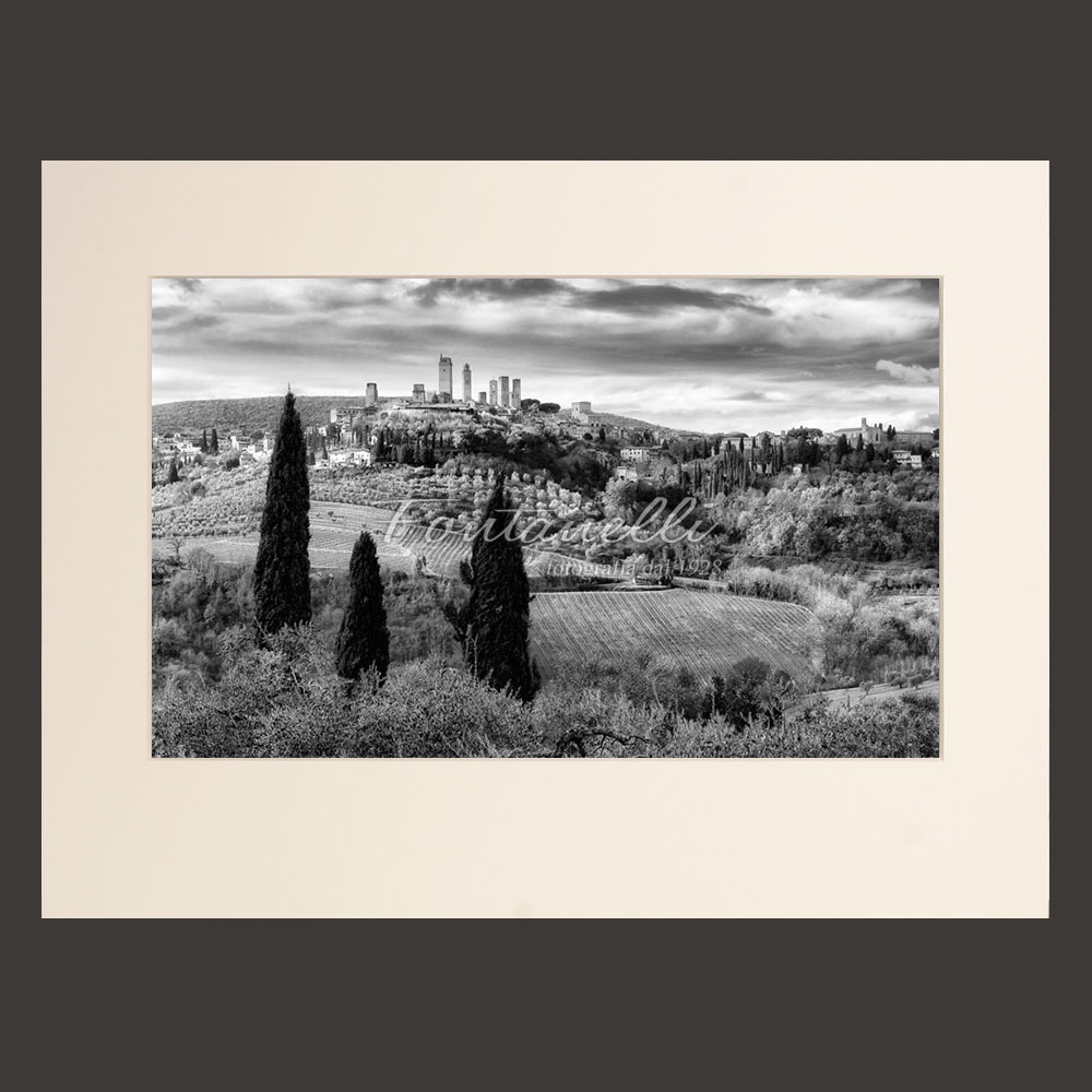 Black and white country photos with San gimignano and cypress trees, Tuscany