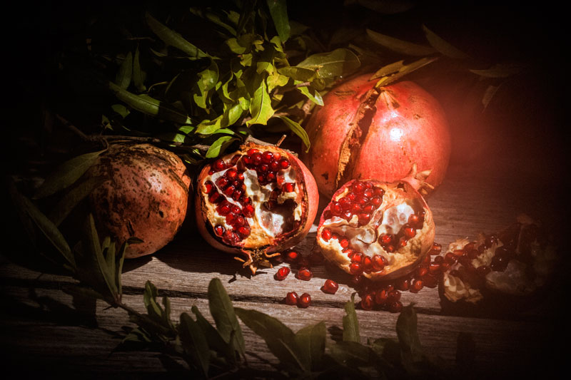 Still life photos. Pomegranates, autumn rubies, Tuscany