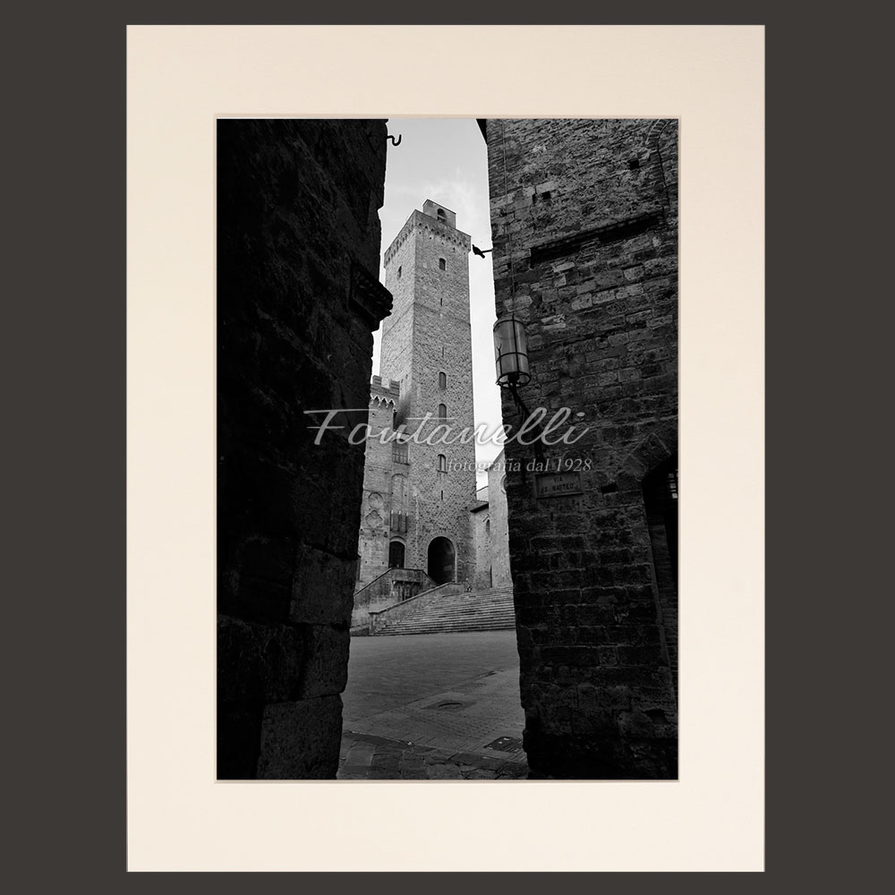 Glimpse of Big Tower, black and white photo. San gimignano, Tuscany