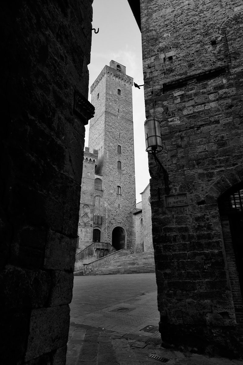 Glimpse of Big Tower, black and white photo. San gimignano, Tuscany